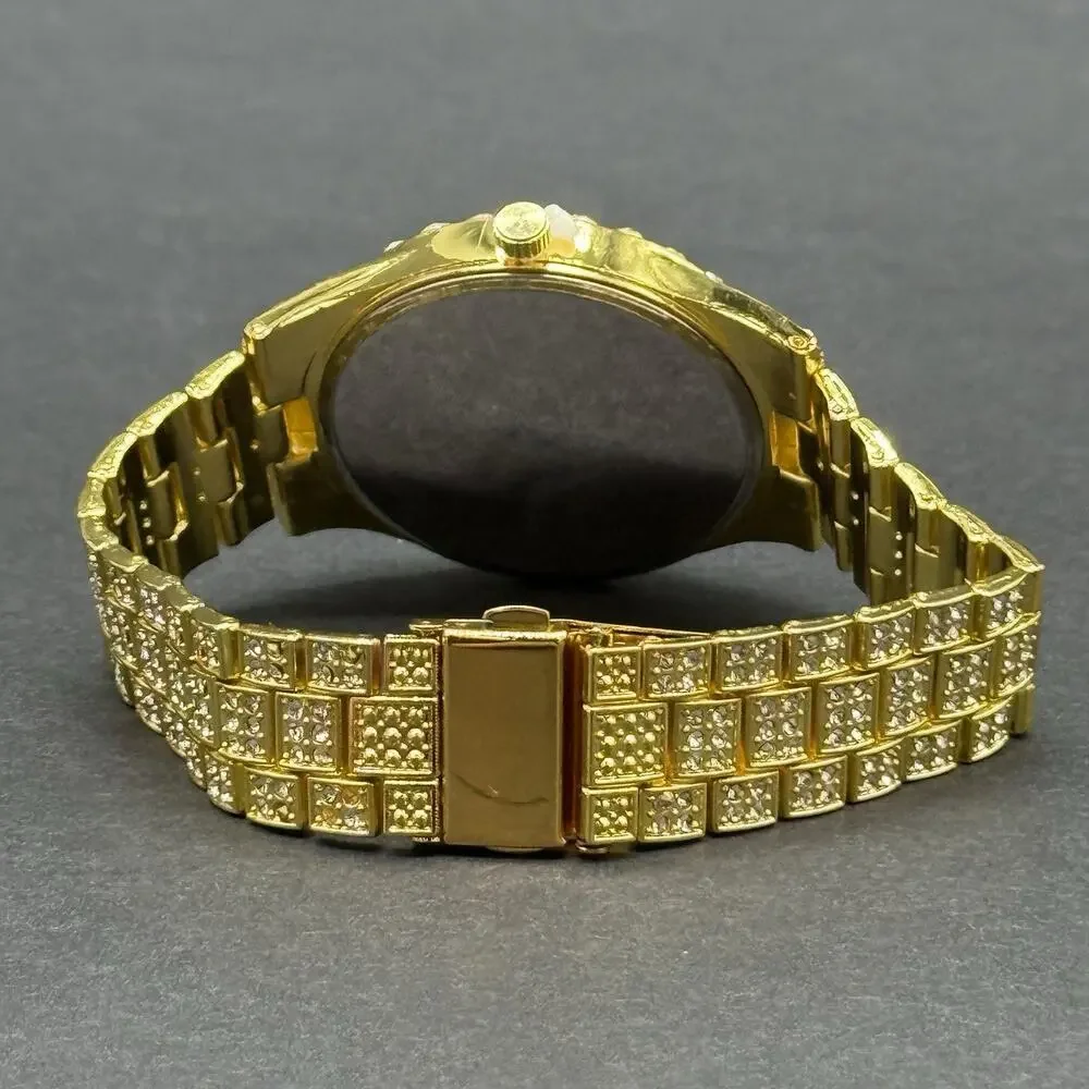Gold Tone Iced Out Watch Green Dial Roman Numerals Crystal Date Bling Mens NEW
